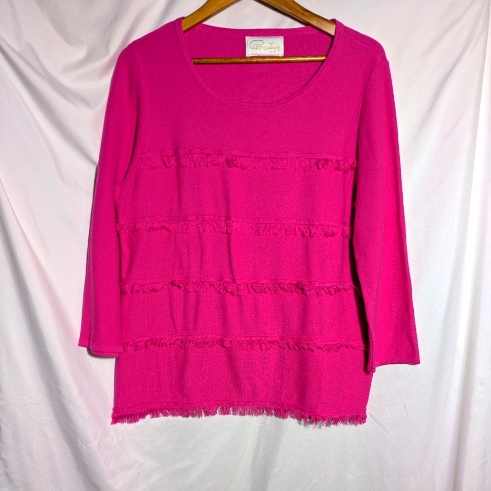 Women's Pappagallo Crewneck Pullover Cotton Sweater With Fringe, Barbiecore Sz L